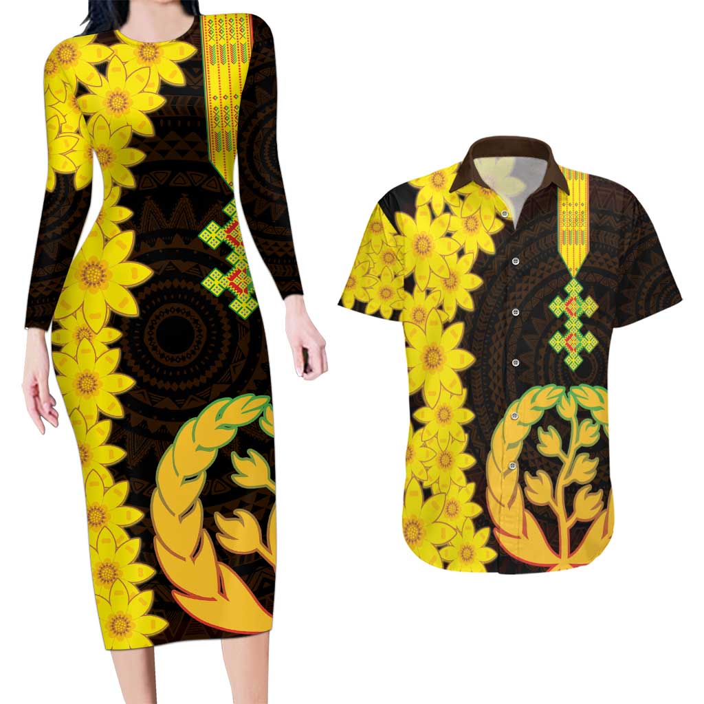Enkutatash Eritrea New Year Couples Matching Long Sleeve Bodycon Dress and Hawaiian Shirt With Coat Of Arms - Wonder Print Shop