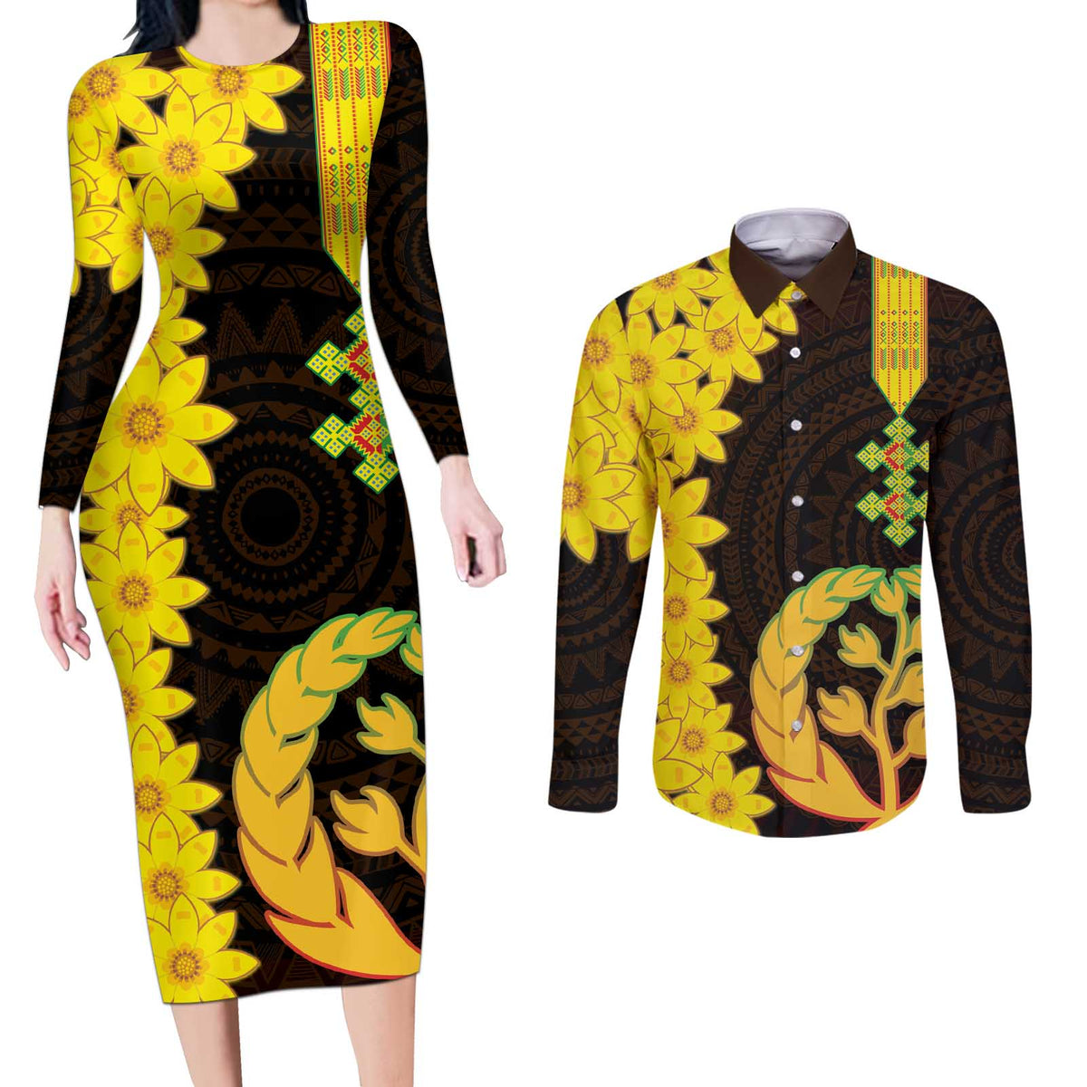 Enkutatash Eritrea New Year Couples Matching Long Sleeve Bodycon Dress and Long Sleeve Button Shirt With Coat Of Arms - Wonder Print Shop