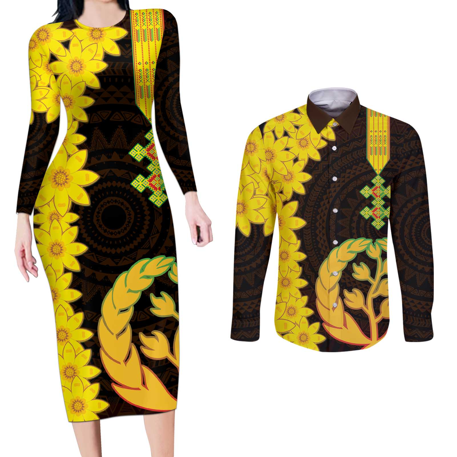 Enkutatash Eritrea New Year Couples Matching Long Sleeve Bodycon Dress and Long Sleeve Button Shirt With Coat Of Arms - Wonder Print Shop
