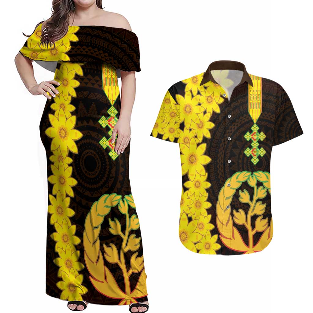 Enkutatash Eritrea New Year Couples Matching Off Shoulder Maxi Dress and Hawaiian Shirt With Coat Of Arms - Wonder Print Shop