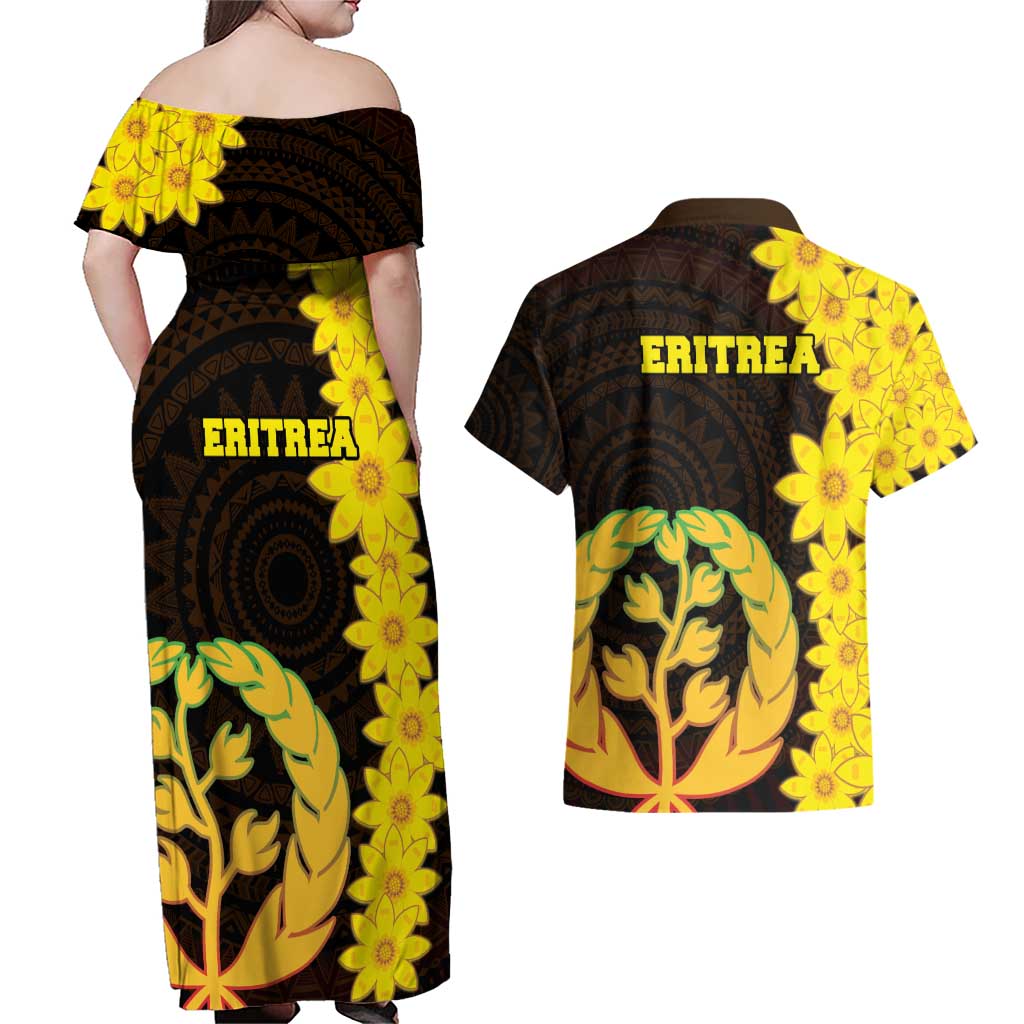 Enkutatash Eritrea New Year Couples Matching Off Shoulder Maxi Dress and Hawaiian Shirt With Coat Of Arms - Wonder Print Shop