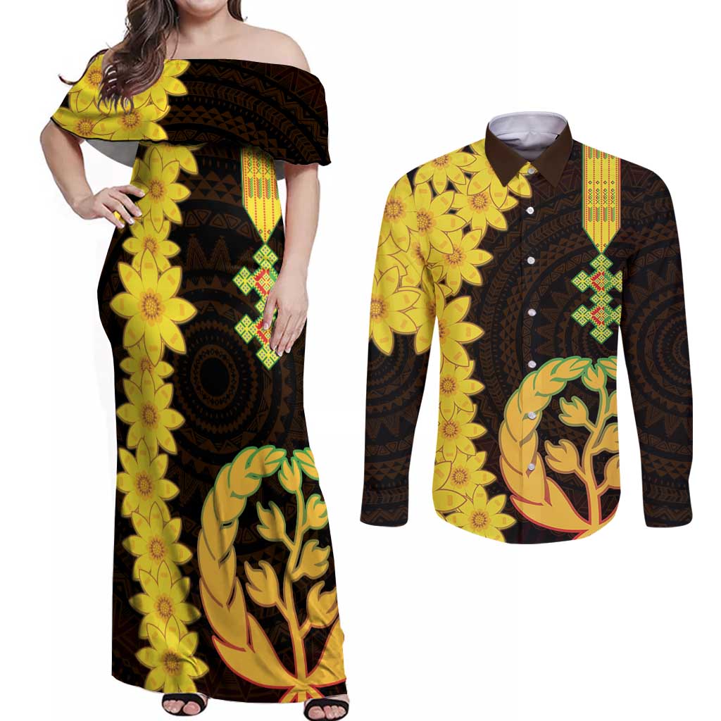 Enkutatash Eritrea New Year Couples Matching Off Shoulder Maxi Dress and Long Sleeve Button Shirt With Coat Of Arms - Wonder Print Shop