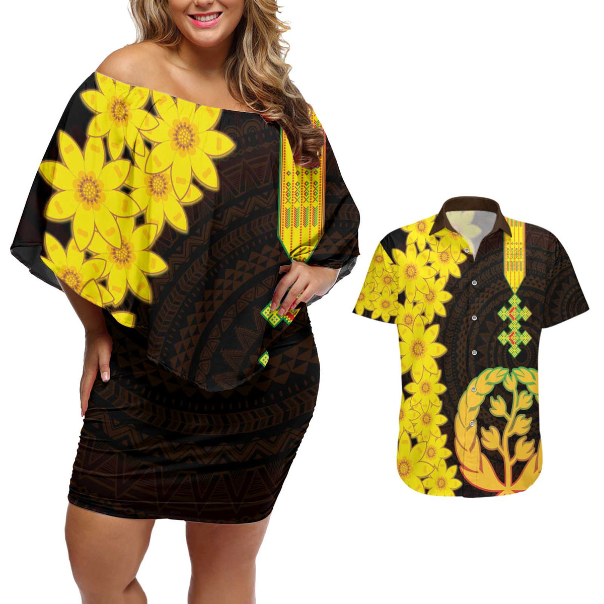 Enkutatash Eritrea New Year Couples Matching Off Shoulder Short Dress and Hawaiian Shirt With Coat Of Arms - Wonder Print Shop