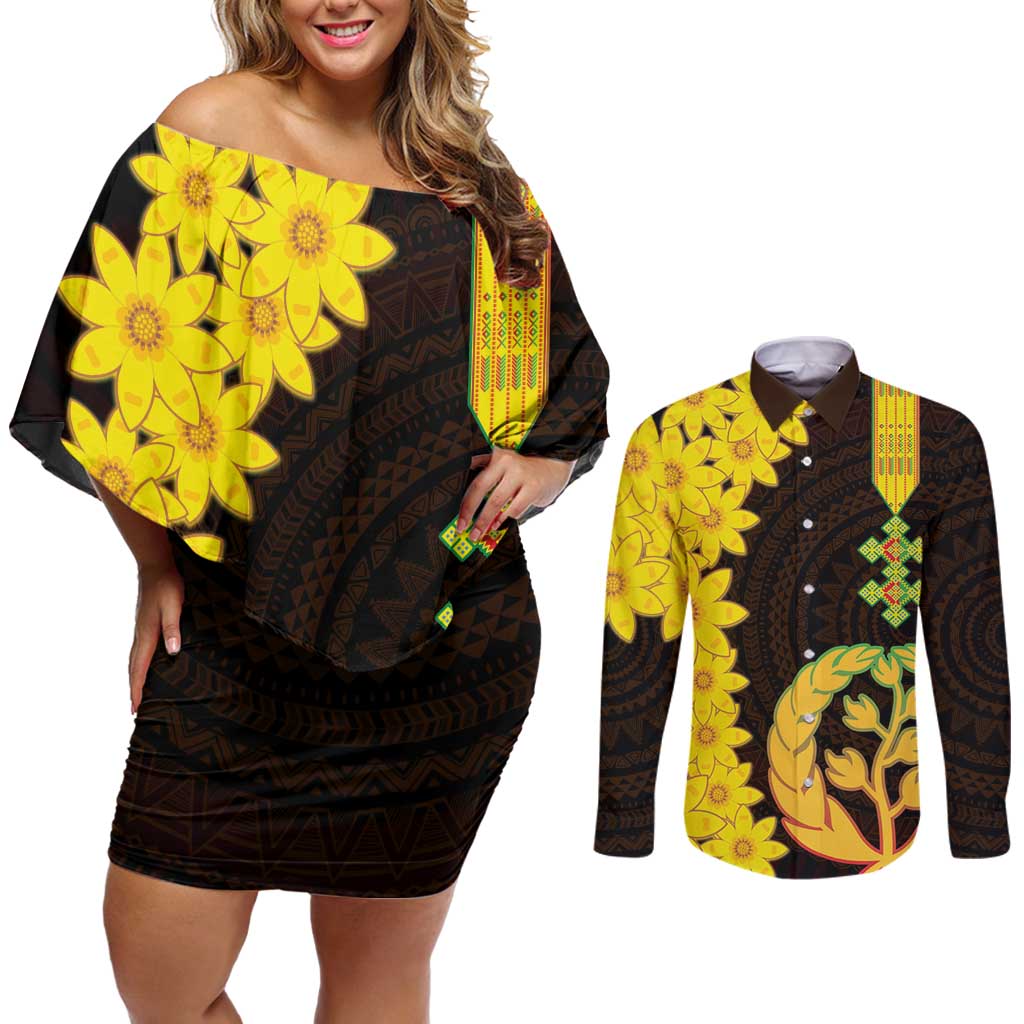 Enkutatash Eritrea New Year Couples Matching Off Shoulder Short Dress and Long Sleeve Button Shirt With Coat Of Arms - Wonder Print Shop