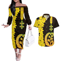 Enkutatash Eritrea New Year Couples Matching Off The Shoulder Long Sleeve Dress and Hawaiian Shirt With Coat Of Arms - Wonder Print Shop