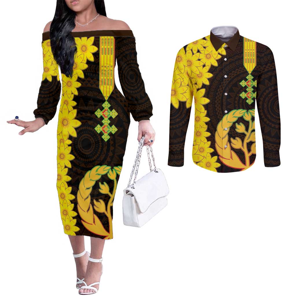 Enkutatash Eritrea New Year Couples Matching Off The Shoulder Long Sleeve Dress and Long Sleeve Button Shirt With Coat Of Arms