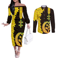 Enkutatash Eritrea New Year Couples Matching Off The Shoulder Long Sleeve Dress and Long Sleeve Button Shirt With Coat Of Arms