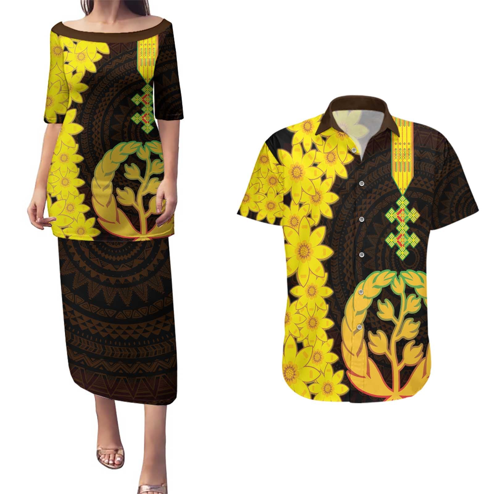 Enkutatash Eritrea New Year Couples Matching Puletasi and Hawaiian Shirt With Coat Of Arms - Wonder Print Shop