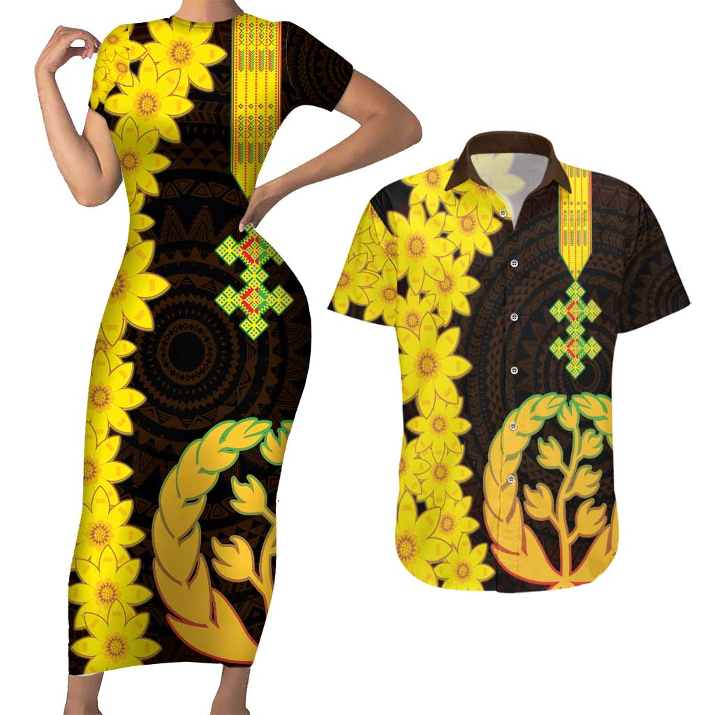 Enkutatash Eritrea New Year Couples Matching Short Sleeve Bodycon Dress and Hawaiian Shirt With Coat Of Arms - Wonder Print Shop