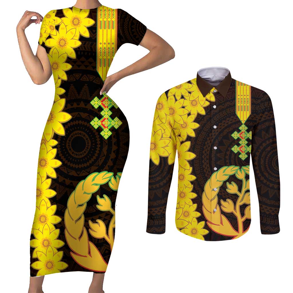 Enkutatash Eritrea New Year Couples Matching Short Sleeve Bodycon Dress and Long Sleeve Button Shirt With Coat Of Arms - Wonder Print Shop