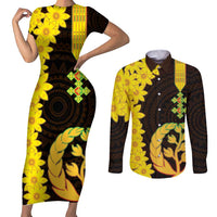 Enkutatash Eritrea New Year Couples Matching Short Sleeve Bodycon Dress and Long Sleeve Button Shirt With Coat Of Arms - Wonder Print Shop