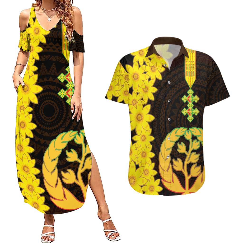 Enkutatash Eritrea New Year Couples Matching Summer Maxi Dress and Hawaiian Shirt With Coat Of Arms - Wonder Print Shop