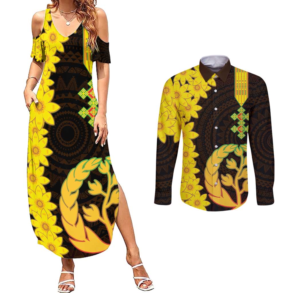 Enkutatash Eritrea New Year Couples Matching Summer Maxi Dress and Long Sleeve Button Shirt With Coat Of Arms - Wonder Print Shop