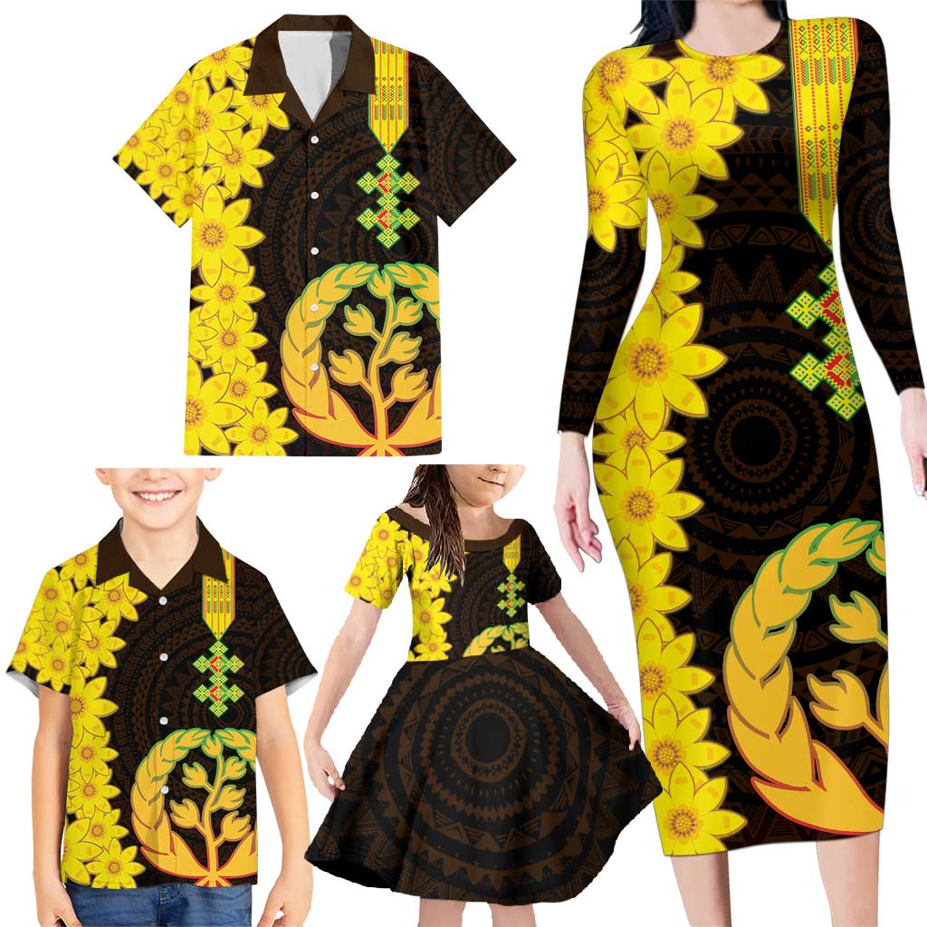 Enkutatash Eritrea New Year Family Matching Long Sleeve Bodycon Dress and Hawaiian Shirt With Coat Of Arms - Wonder Print Shop
