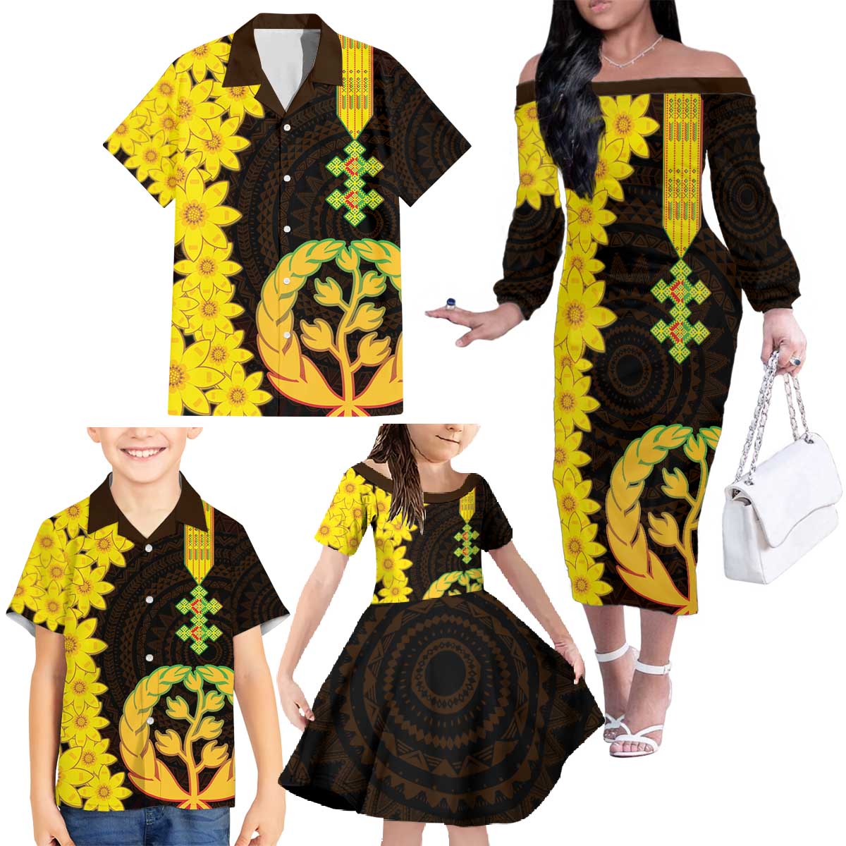 Enkutatash Eritrea New Year Family Matching Off The Shoulder Long Sleeve Dress and Hawaiian Shirt With Coat Of Arms - Wonder Print Shop