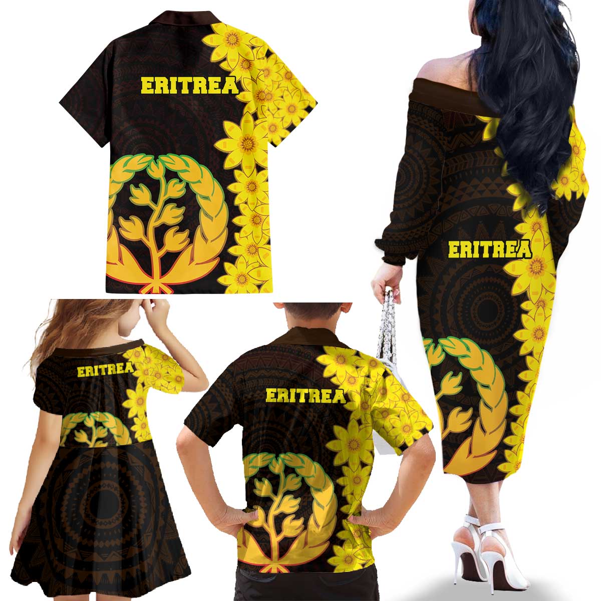 Enkutatash Eritrea New Year Family Matching Off The Shoulder Long Sleeve Dress and Hawaiian Shirt With Coat Of Arms - Wonder Print Shop