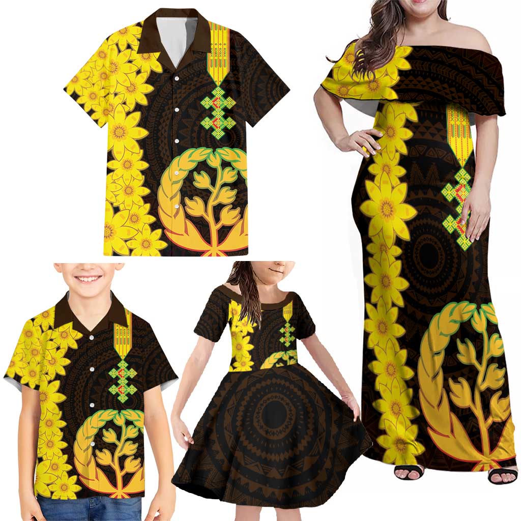 Enkutatash Eritrea New Year Family Matching Off Shoulder Maxi Dress and Hawaiian Shirt With Coat Of Arms - Wonder Print Shop