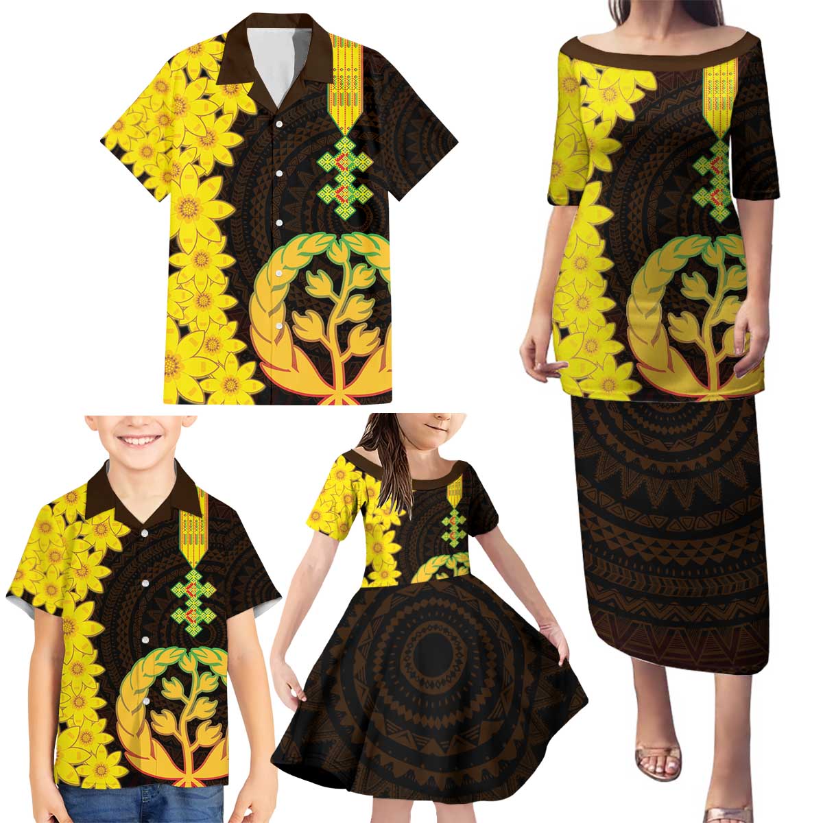 Enkutatash Eritrea New Year Family Matching Puletasi and Hawaiian Shirt With Coat Of Arms - Wonder Print Shop