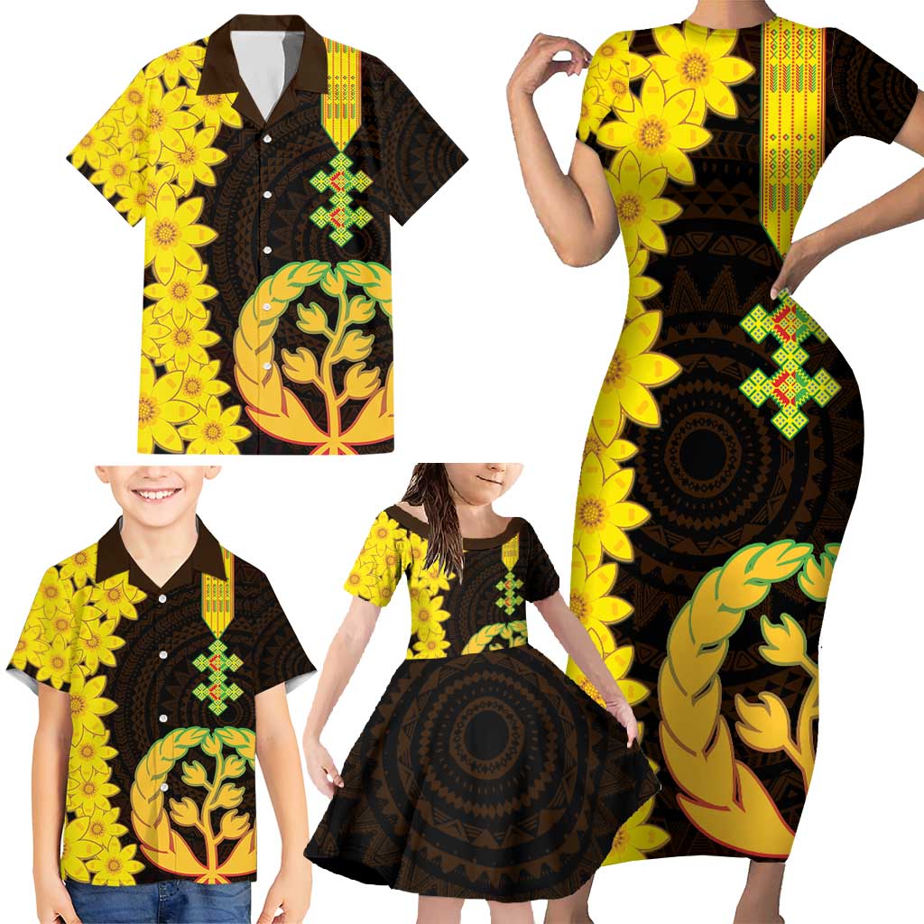 Enkutatash Eritrea New Year Family Matching Short Sleeve Bodycon Dress and Hawaiian Shirt With Coat Of Arms - Wonder Print Shop