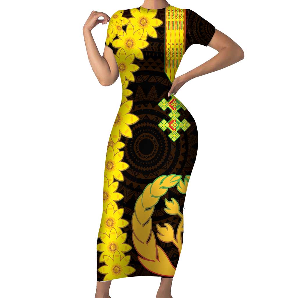 Enkutatash Eritrea New Year Family Matching Short Sleeve Bodycon Dress and Hawaiian Shirt With Coat Of Arms - Wonder Print Shop