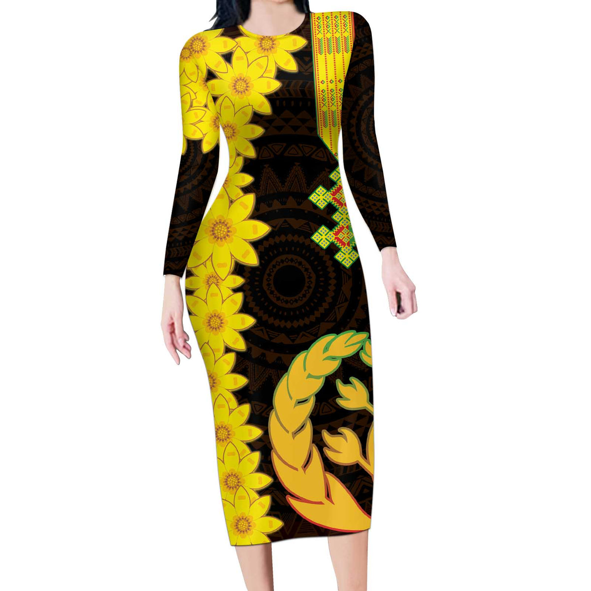 Enkutatash Eritrea New Year Long Sleeve Bodycon Dress With Coat Of Arms - Wonder Print Shop