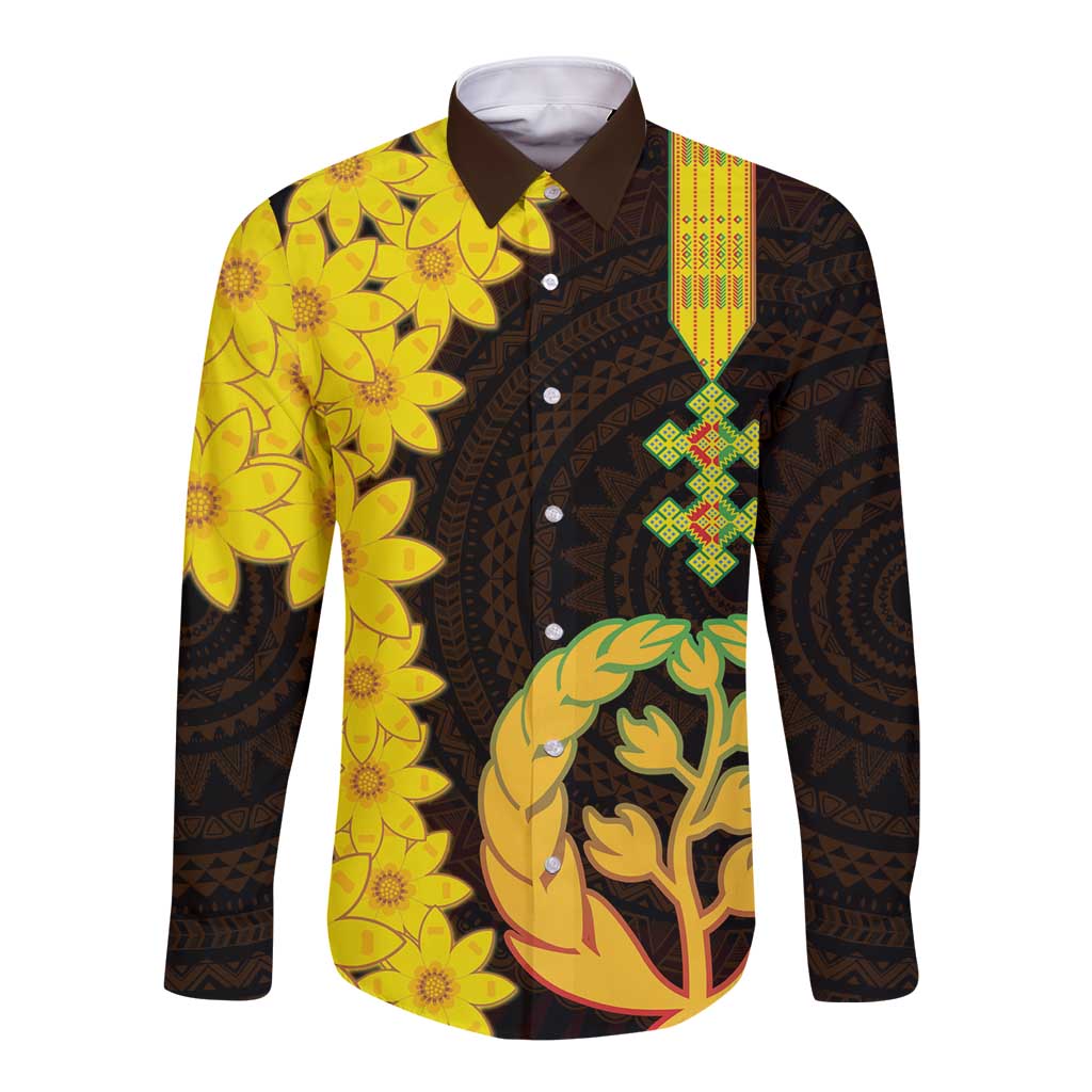 Enkutatash Eritrea New Year Long Sleeve Button Shirt With Coat Of Arms - Wonder Print Shop