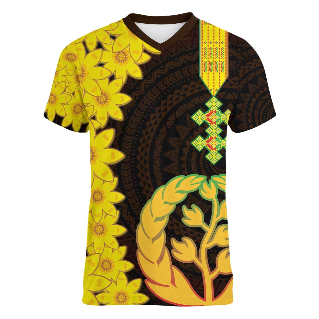 Enkutatash Eritrea New Year Women V-Neck T-Shirt With Coat Of Arms - Wonder Print Shop