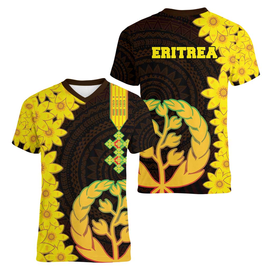 Enkutatash Eritrea New Year Women V-Neck T-Shirt With Coat Of Arms - Wonder Print Shop