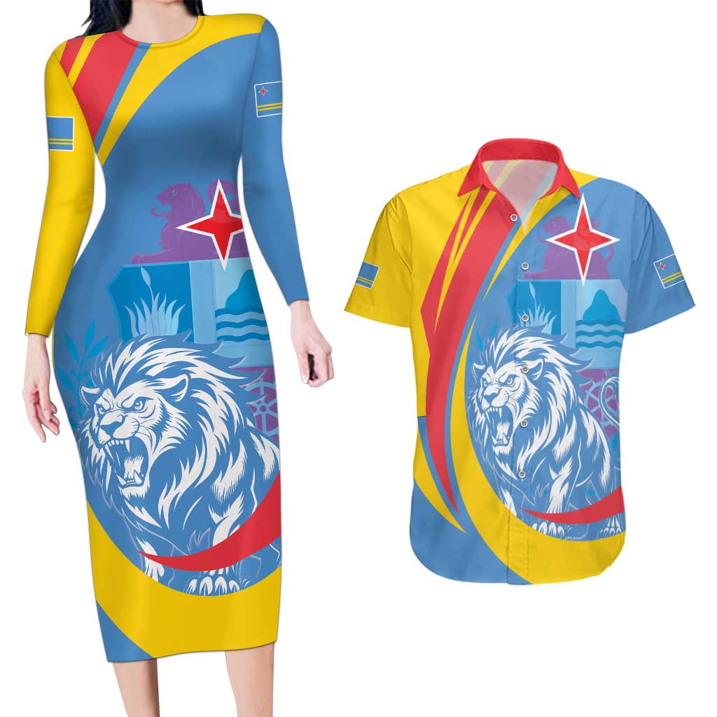 Aruba Lion Roaring Couples Matching Long Sleeve Bodycon Dress and Hawaiian Shirt With Coat Of Arms - Wonder Print Shop
