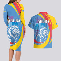 Aruba Lion Roaring Couples Matching Long Sleeve Bodycon Dress and Hawaiian Shirt With Coat Of Arms - Wonder Print Shop
