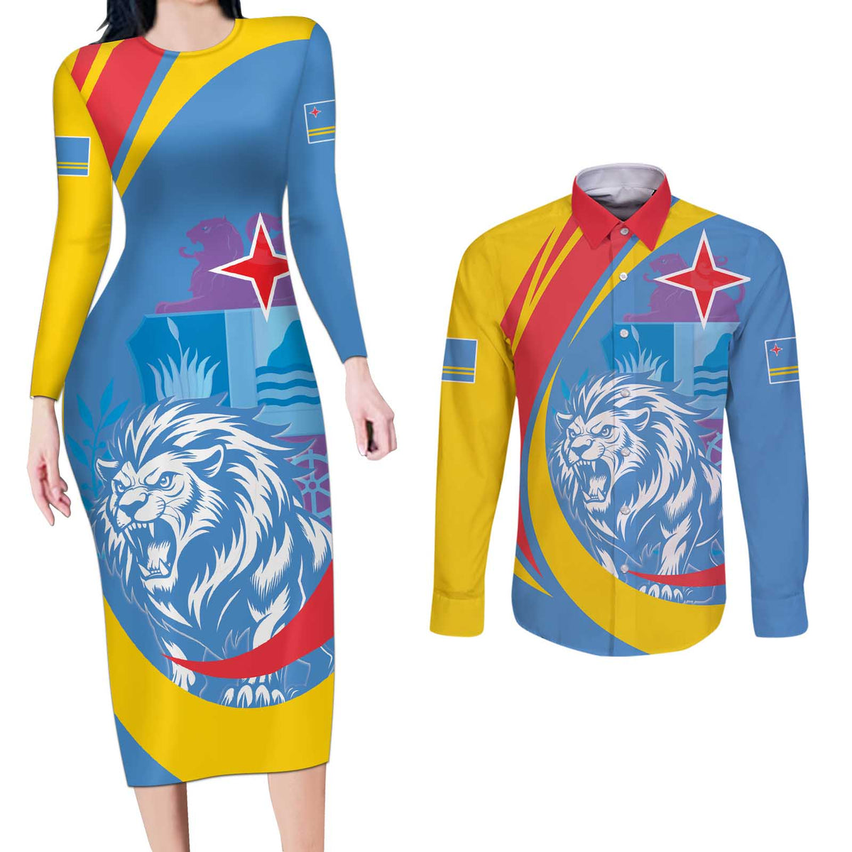 Aruba Lion Roaring Couples Matching Long Sleeve Bodycon Dress and Long Sleeve Button Shirt With Coat Of Arms - Wonder Print Shop