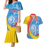 Aruba Lion Roaring Couples Matching Mermaid Dress and Hawaiian Shirt With Coat Of Arms - Wonder Print Shop