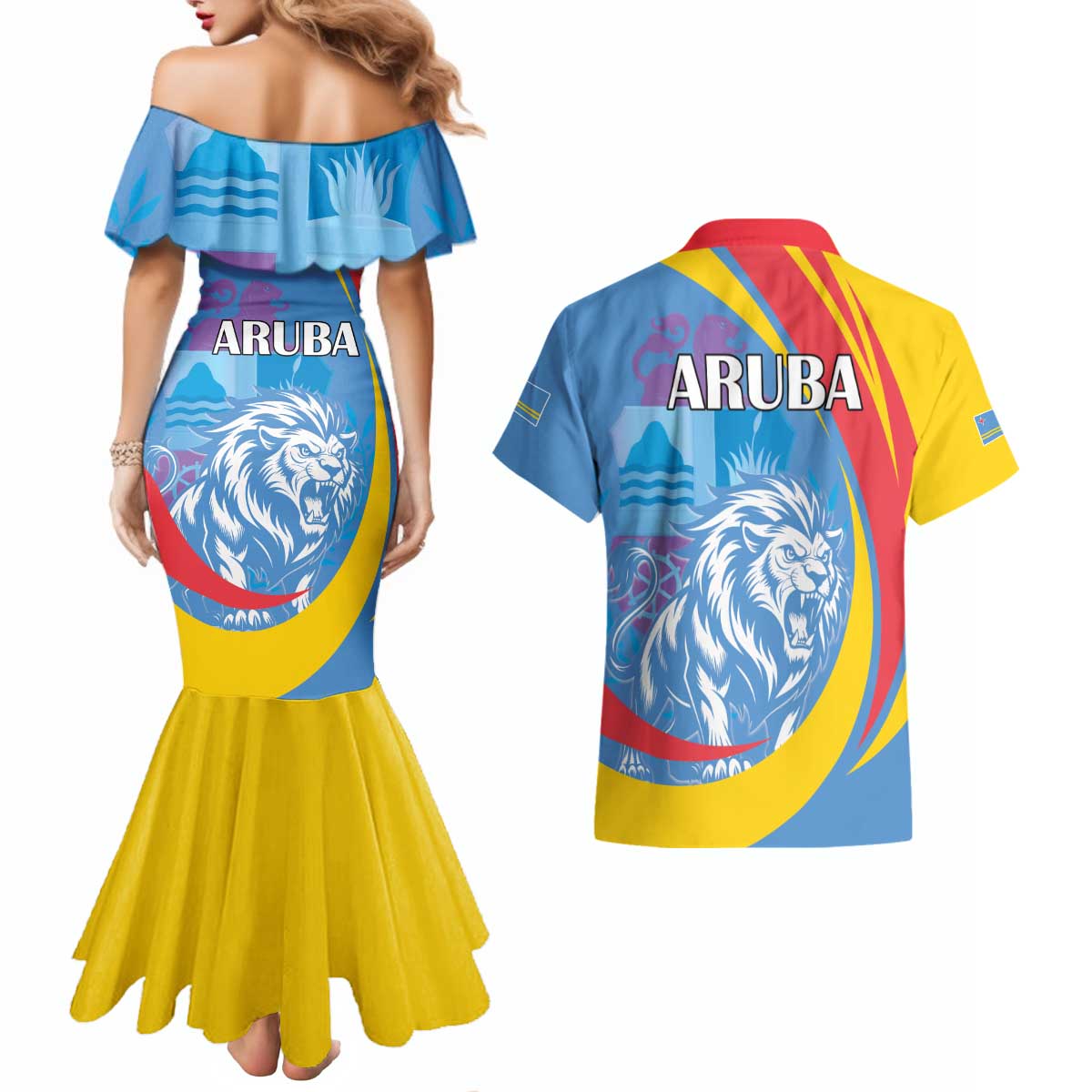 Aruba Lion Roaring Couples Matching Mermaid Dress and Hawaiian Shirt With Coat Of Arms - Wonder Print Shop