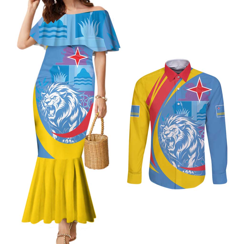 Aruba Lion Roaring Couples Matching Mermaid Dress and Long Sleeve Button Shirt With Coat Of Arms