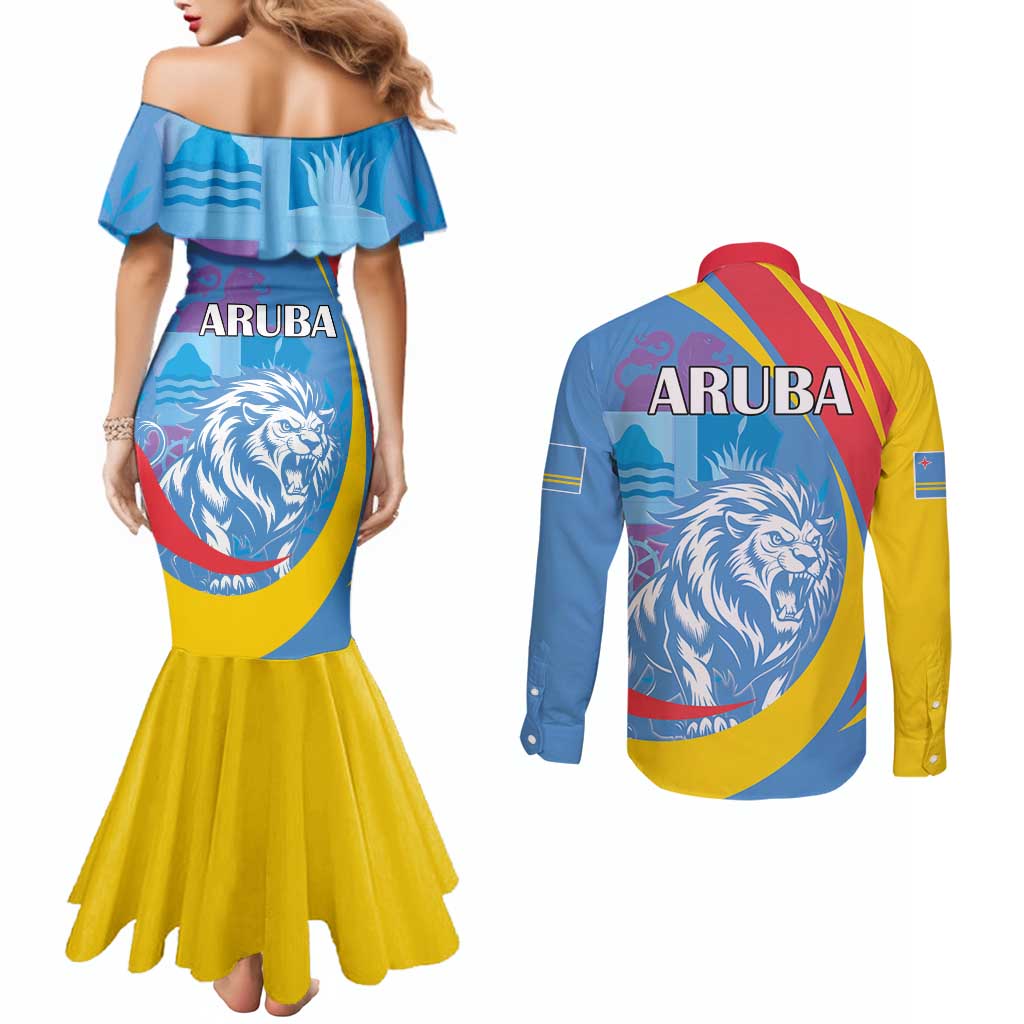 Aruba Lion Roaring Couples Matching Mermaid Dress and Long Sleeve Button Shirt With Coat Of Arms