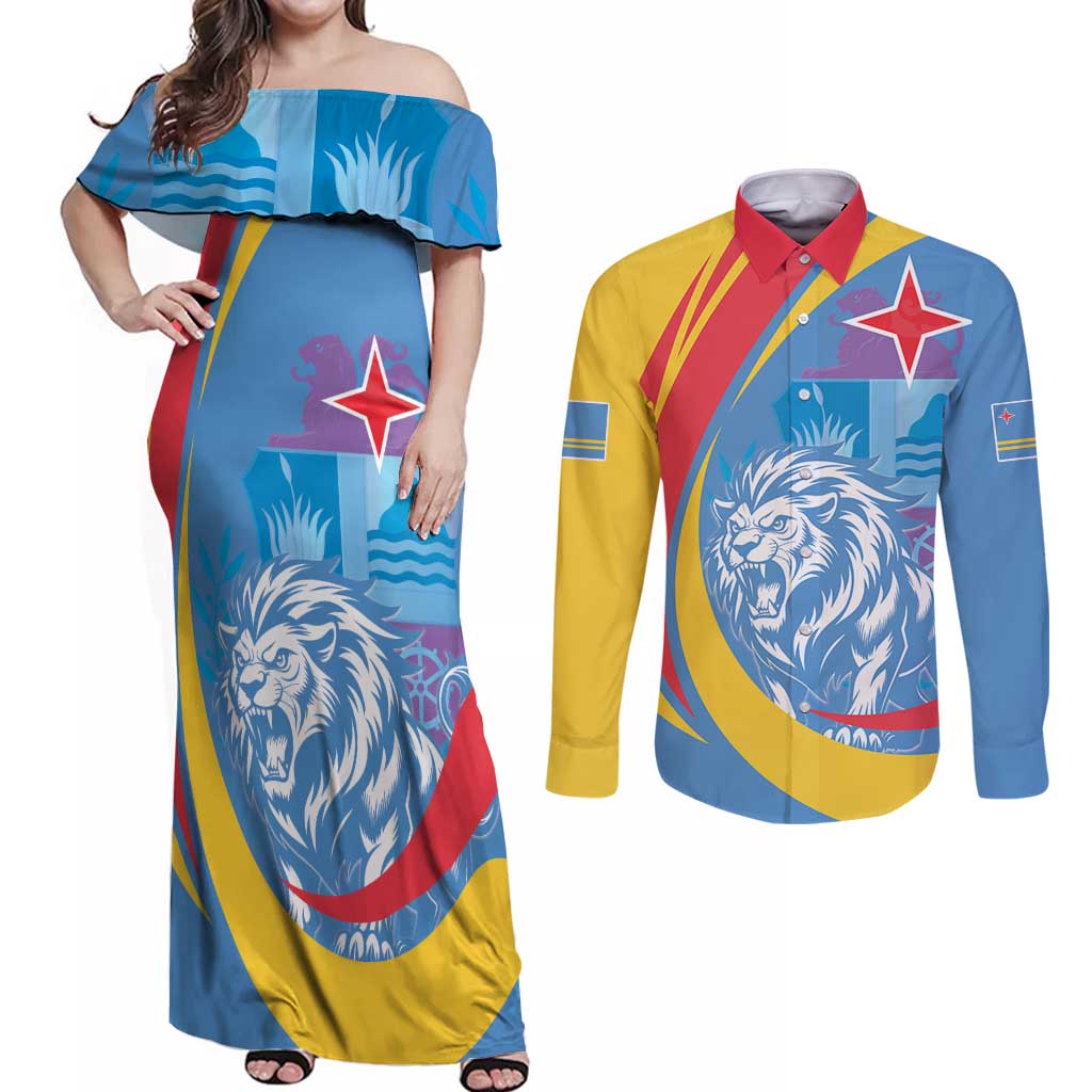 Aruba Lion Roaring Couples Matching Off Shoulder Maxi Dress and Long Sleeve Button Shirt With Coat Of Arms - Wonder Print Shop
