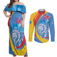Aruba Lion Roaring Couples Matching Off Shoulder Maxi Dress and Long Sleeve Button Shirt With Coat Of Arms - Wonder Print Shop