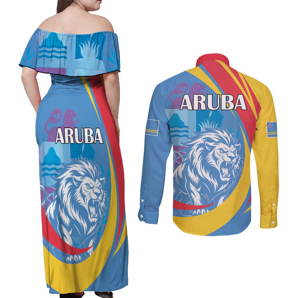 Aruba Lion Roaring Couples Matching Off Shoulder Maxi Dress and Long Sleeve Button Shirt With Coat Of Arms - Wonder Print Shop