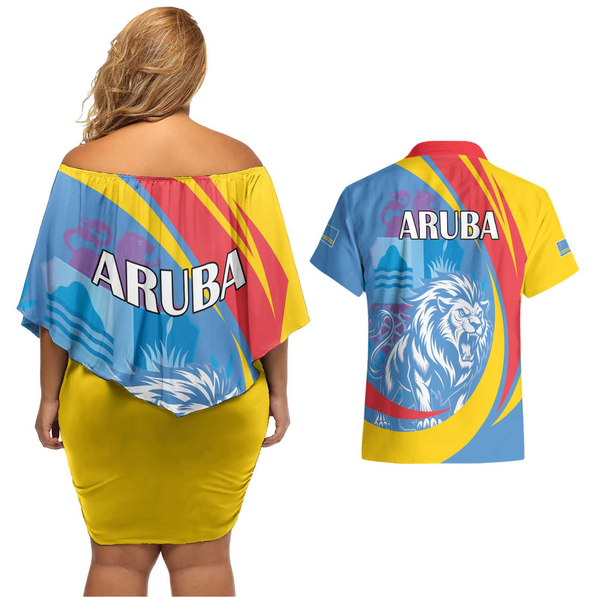 Aruba Lion Roaring Couples Matching Off Shoulder Short Dress and Hawaiian Shirt With Coat Of Arms - Wonder Print Shop