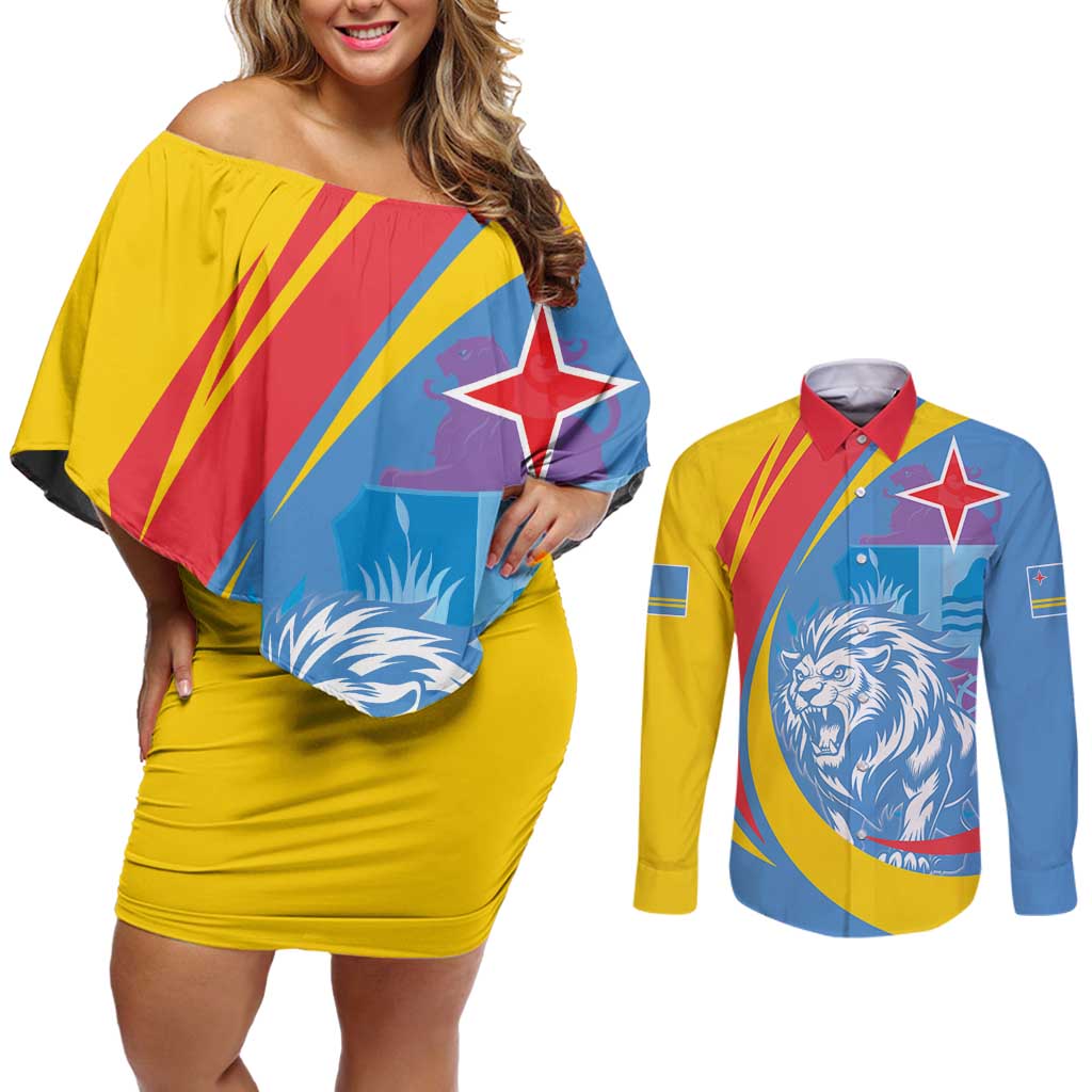 Aruba Lion Roaring Couples Matching Off Shoulder Short Dress and Long Sleeve Button Shirt With Coat Of Arms - Wonder Print Shop