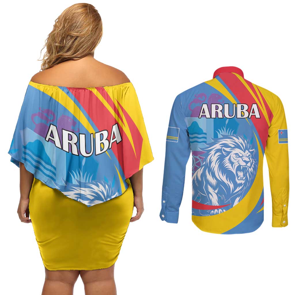Aruba Lion Roaring Couples Matching Off Shoulder Short Dress and Long Sleeve Button Shirt With Coat Of Arms - Wonder Print Shop