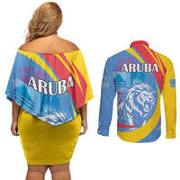 Aruba Lion Roaring Couples Matching Off Shoulder Short Dress and Long Sleeve Button Shirt With Coat Of Arms - Wonder Print Shop