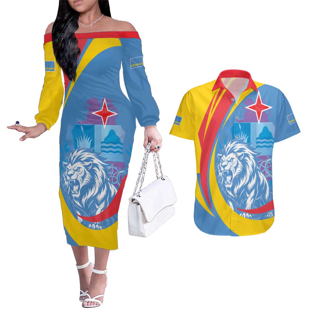 Aruba Lion Roaring Couples Matching Off The Shoulder Long Sleeve Dress and Hawaiian Shirt With Coat Of Arms - Wonder Print Shop