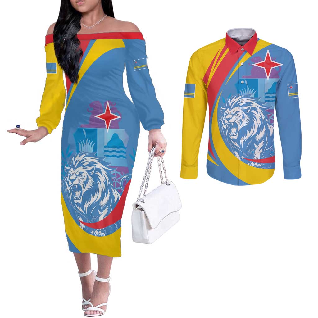 Aruba Lion Roaring Couples Matching Off The Shoulder Long Sleeve Dress and Long Sleeve Button Shirt With Coat Of Arms