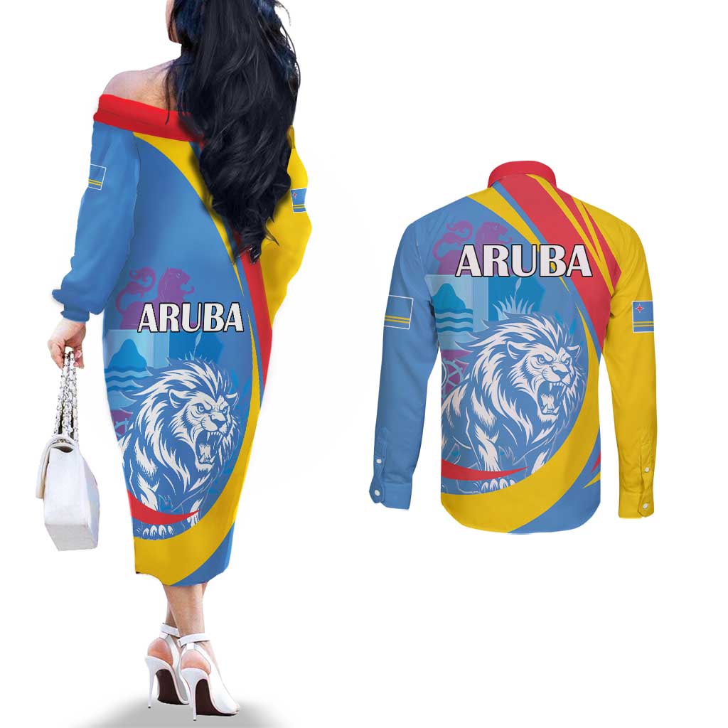 Aruba Lion Roaring Couples Matching Off The Shoulder Long Sleeve Dress and Long Sleeve Button Shirt With Coat Of Arms