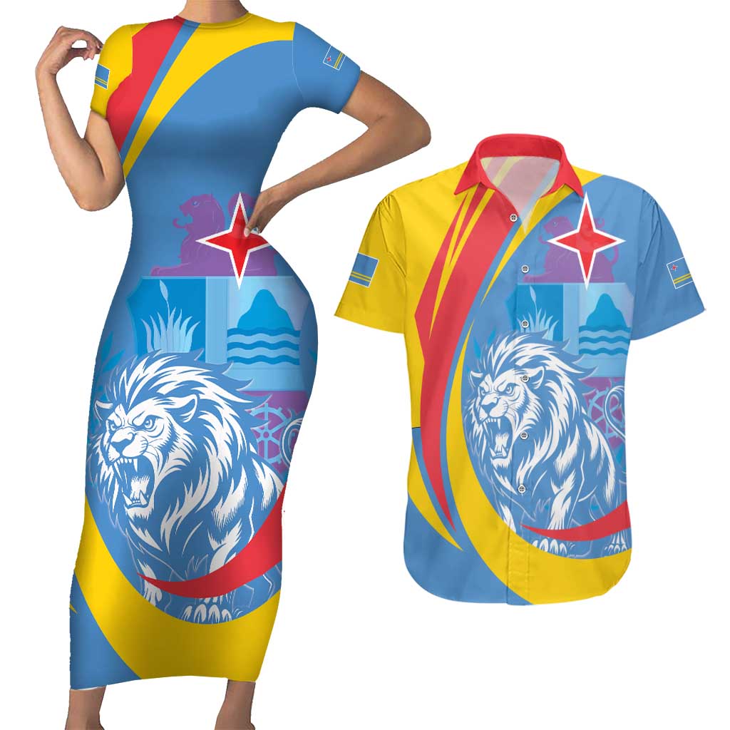 Aruba Lion Roaring Couples Matching Short Sleeve Bodycon Dress and Hawaiian Shirt With Coat Of Arms - Wonder Print Shop
