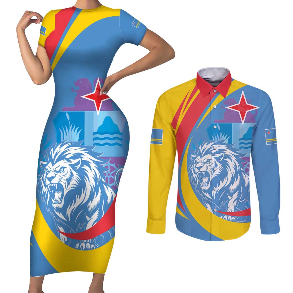 Aruba Lion Roaring Couples Matching Short Sleeve Bodycon Dress and Long Sleeve Button Shirt With Coat Of Arms - Wonder Print Shop