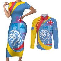 Aruba Lion Roaring Couples Matching Short Sleeve Bodycon Dress and Long Sleeve Button Shirt With Coat Of Arms - Wonder Print Shop
