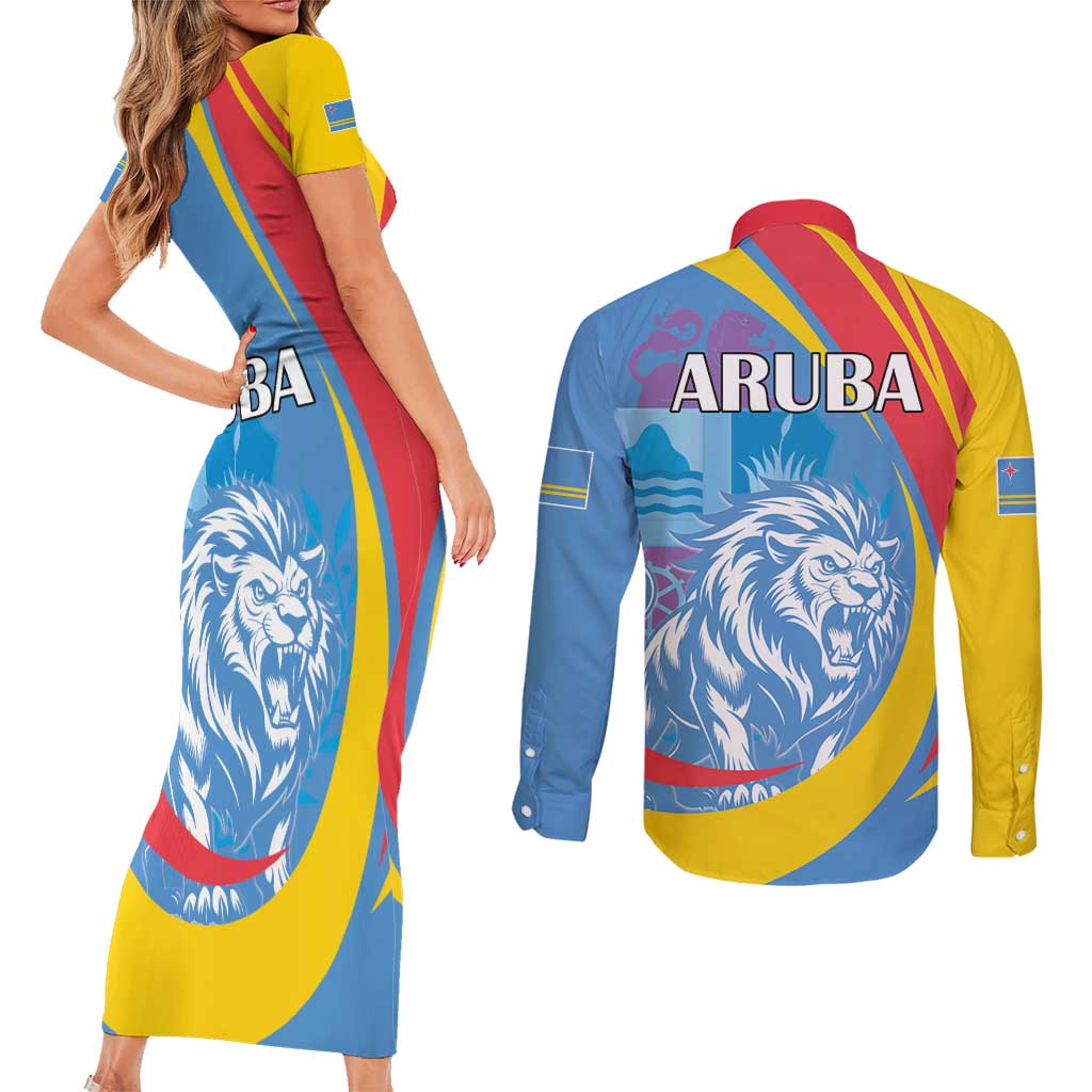 Aruba Lion Roaring Couples Matching Short Sleeve Bodycon Dress and Long Sleeve Button Shirt With Coat Of Arms - Wonder Print Shop