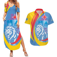 Aruba Lion Roaring Couples Matching Summer Maxi Dress and Hawaiian Shirt With Coat Of Arms - Wonder Print Shop